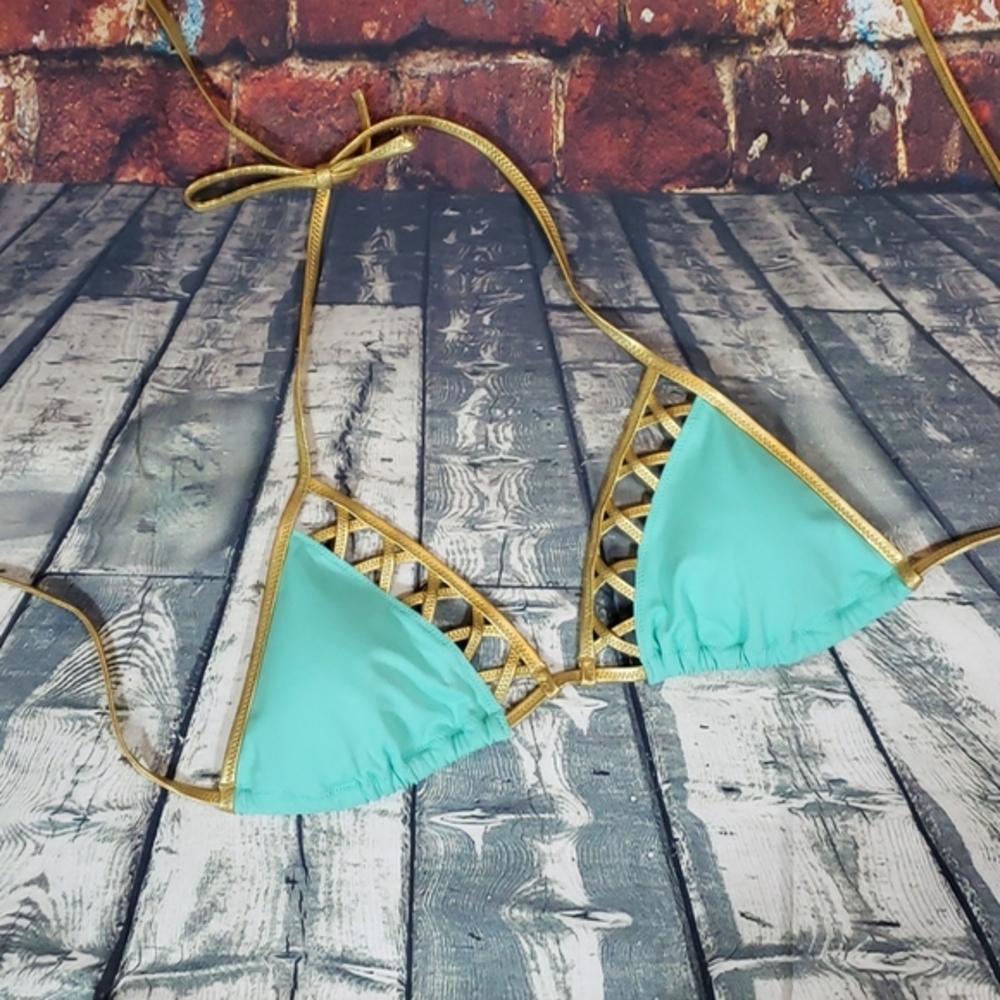 Victoria's Secret Gold Trim Aqua Triangle Bikini Top